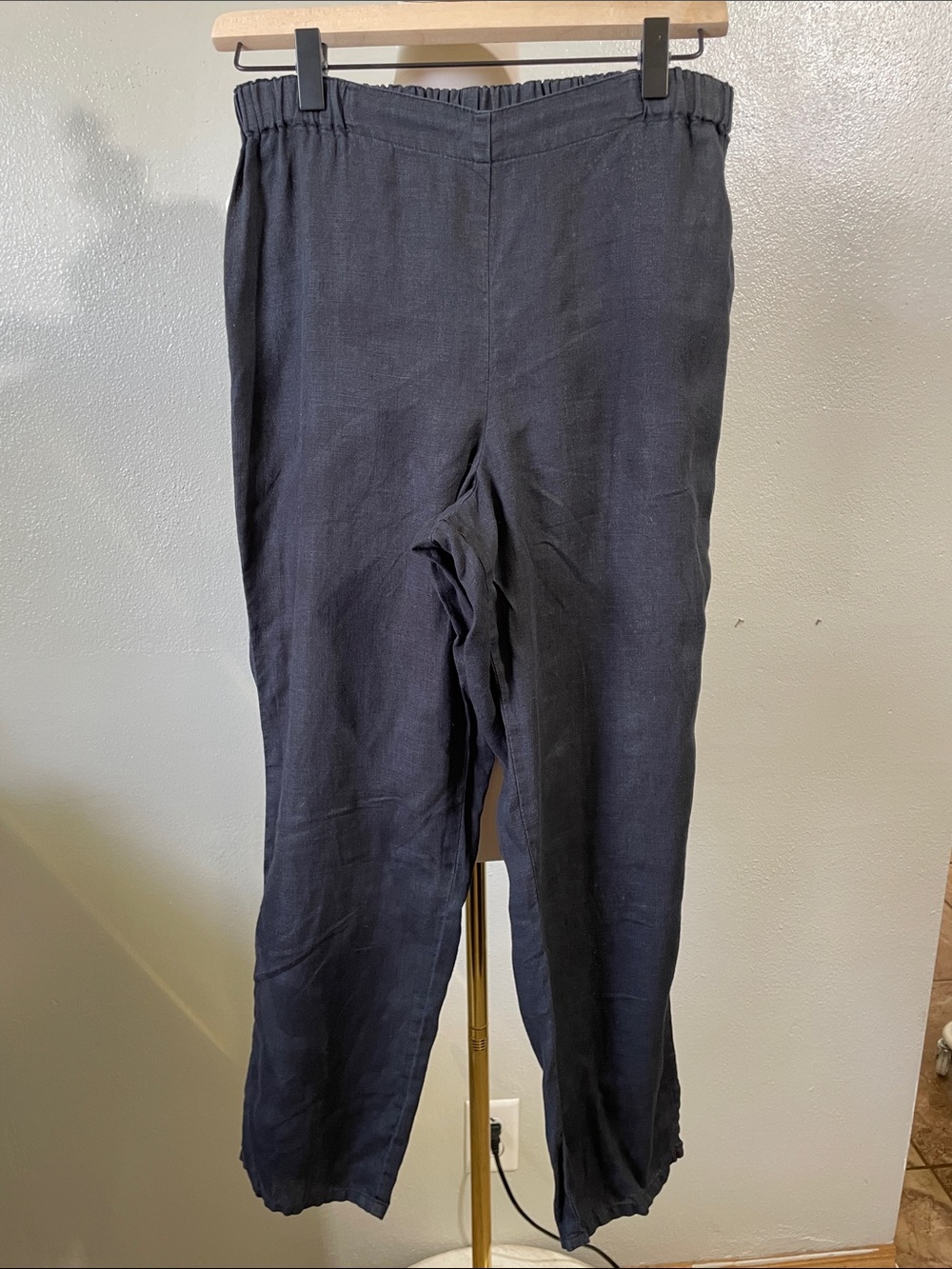 Flax Linen Pants Small Black Elastic Waist Relaxed Leg Minimalist Casual Preppy